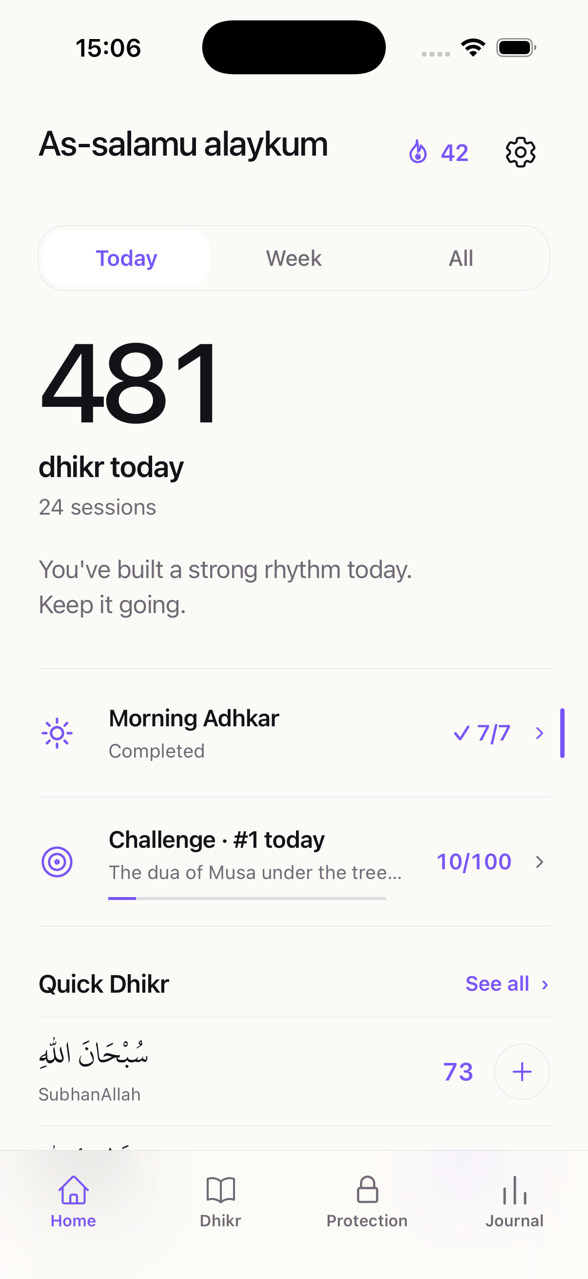 DhikrLock home screen showing today’s remembrance and quick dhikr